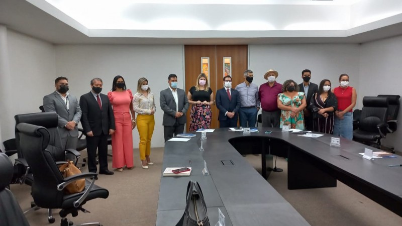 São treze pessoas em uma sala de reuniões, onde seis mulheres e sete homens compõem a mesa. Os homens estão de terno e gravata e as mulheres estão de vestido(três) e outras três de blusa e calça.