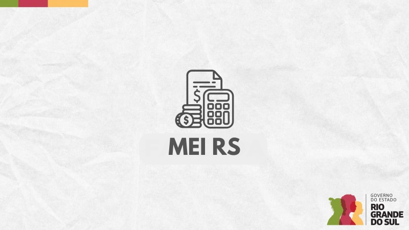 Card com fundo de papel amassado, logo do Estado, ícone de finanças e texto: MEI RS. 